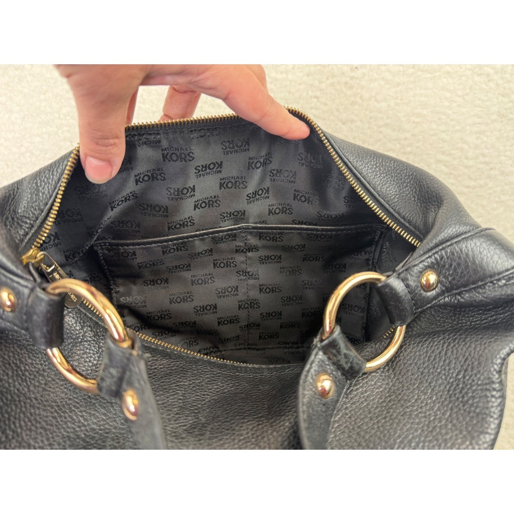 Michael Kors Fulton Hobo Bag Black Pebbled Leather Gold MK Logo Shoulder Bag - Picture 13 of 14